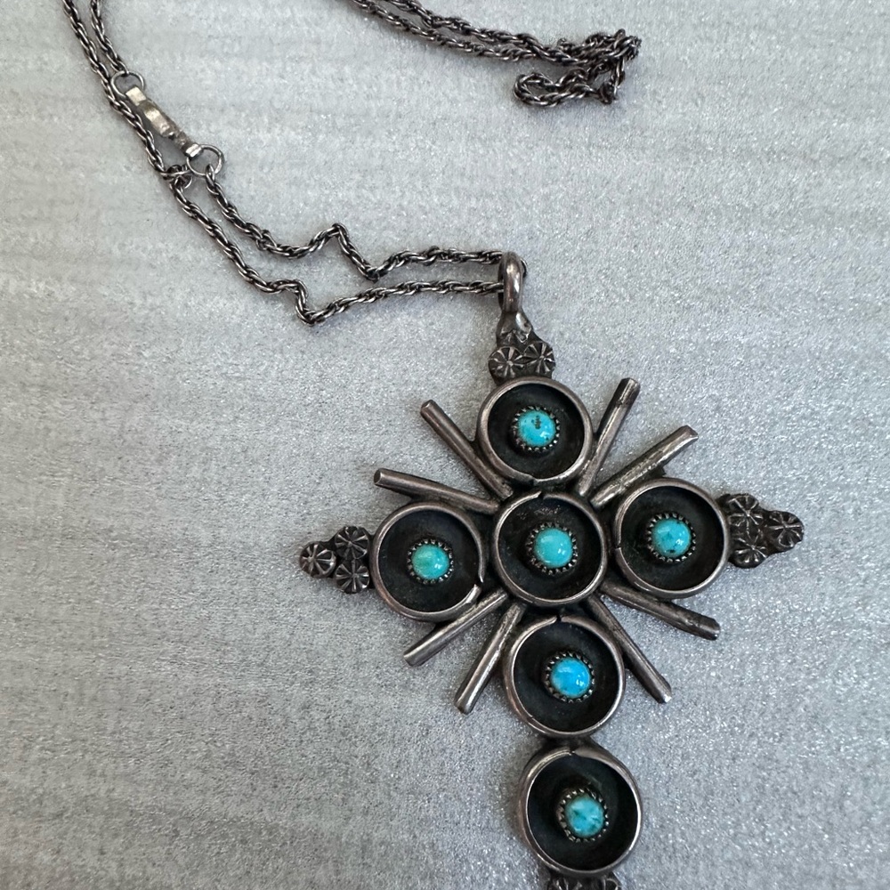 Vintage old pawn, turquoise and silver cross by Zuni.